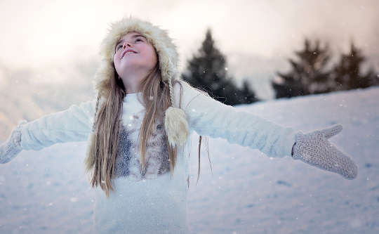 Today's Inspiration: November 8, 2022 young girl smiling with arms open to the sky in the middle of a snowy landscape