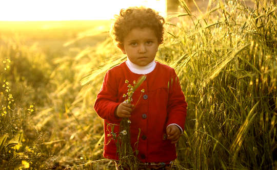 Essential Oil Use for Infants and the Very Young a child standing in a meadow holding wild herb flowers