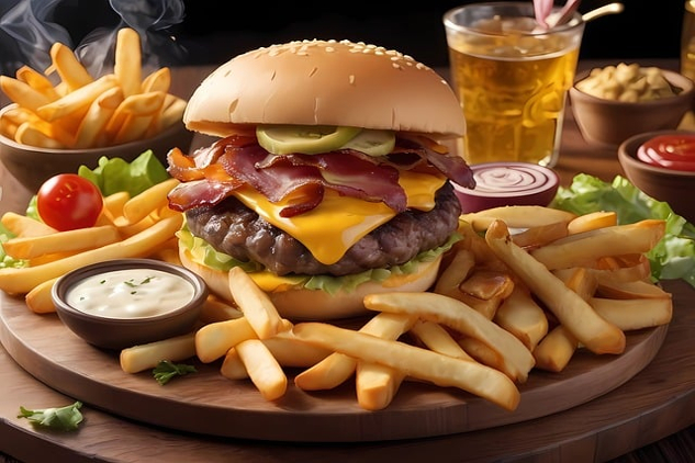 How To Respect Your Digestion and Your Health picture of a double cheeseburger, french fries, creamy dip, and more
