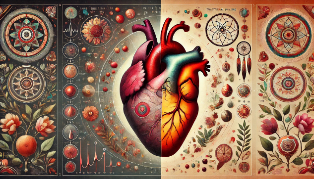 Heart Disease: Is it a Pump Problem or a Soul Problem? image of a heart surrounded by symbols of various healing modalities